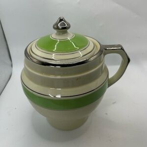 Art Deco Sugar Bowl 7.1in Cream Green Silver Striped Retro‎ Elegant